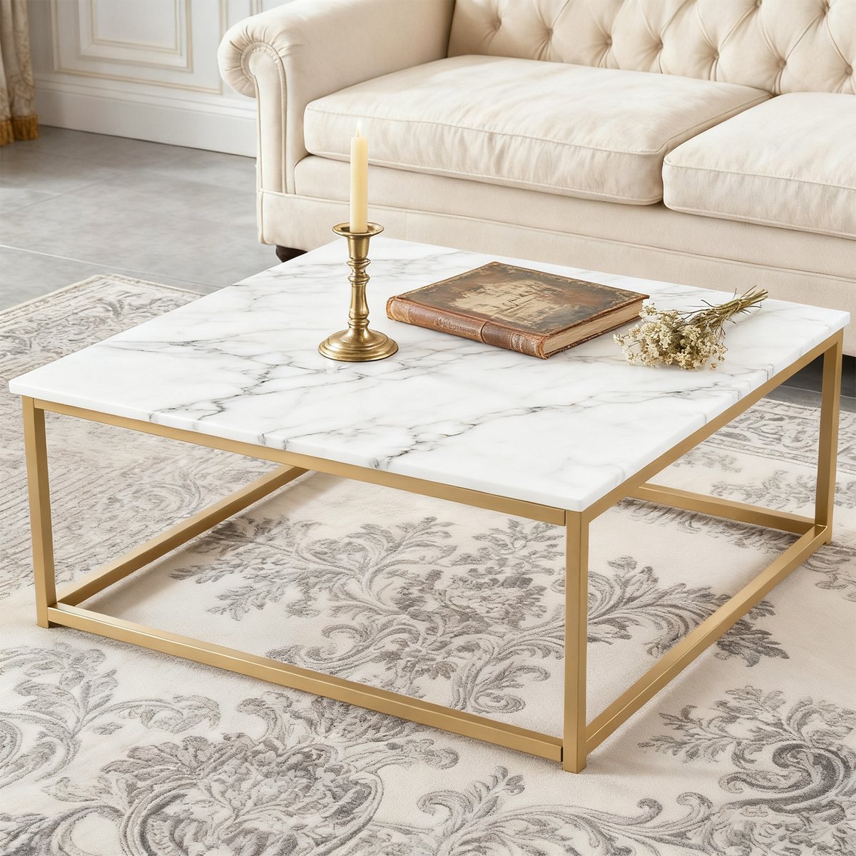 Table basse carrée style industriel, FACTO or et imitation marbe, MEUBLES COSY