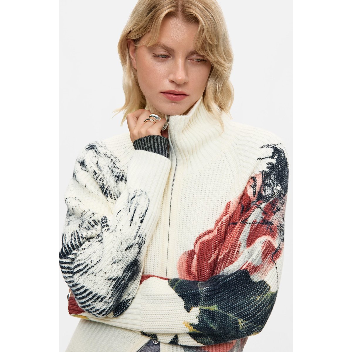 Veste en maille à motif floral beige, DESIGUAL