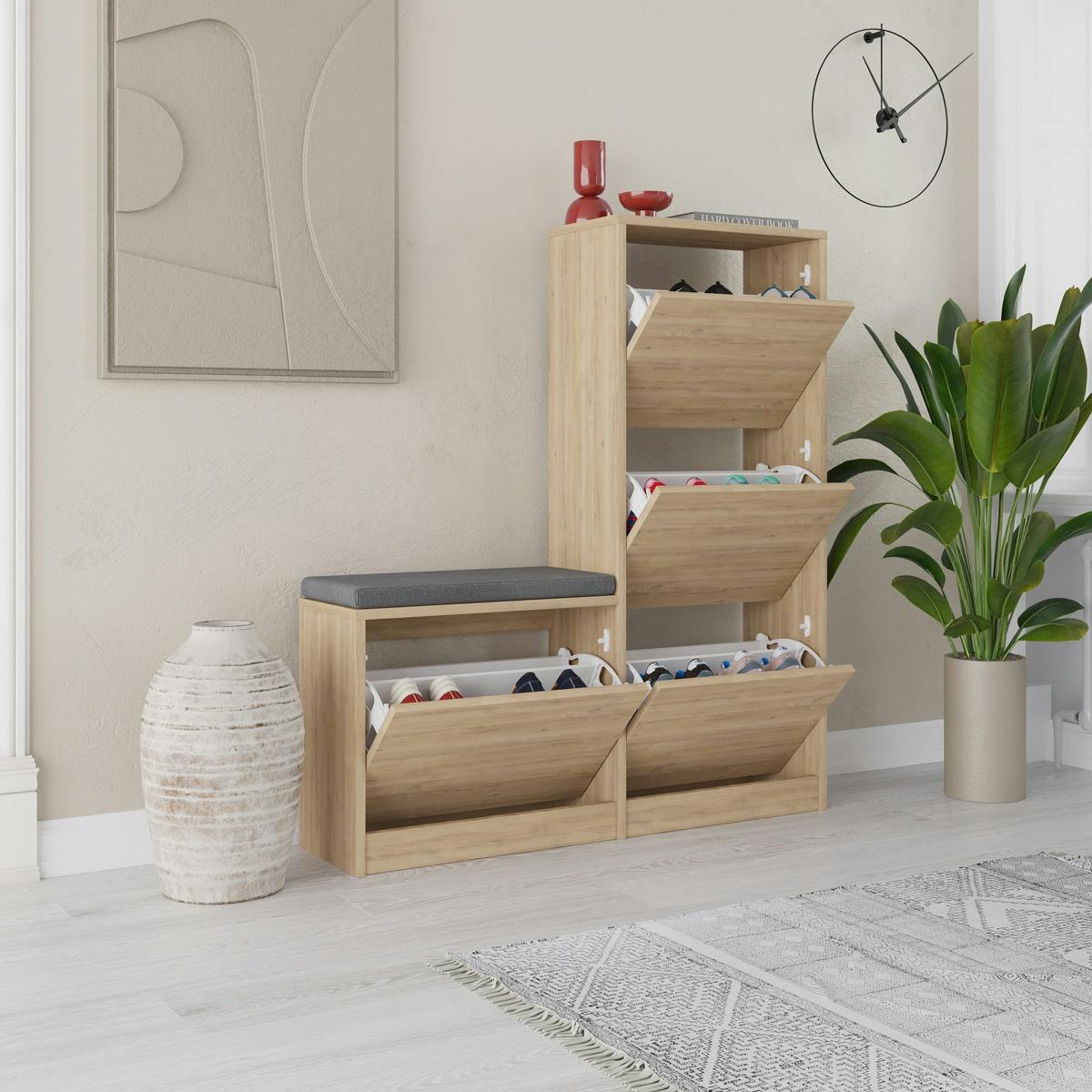 Meuble à chaussures 4 portes + banc MARFA chêne blanc, PIER IMPORT