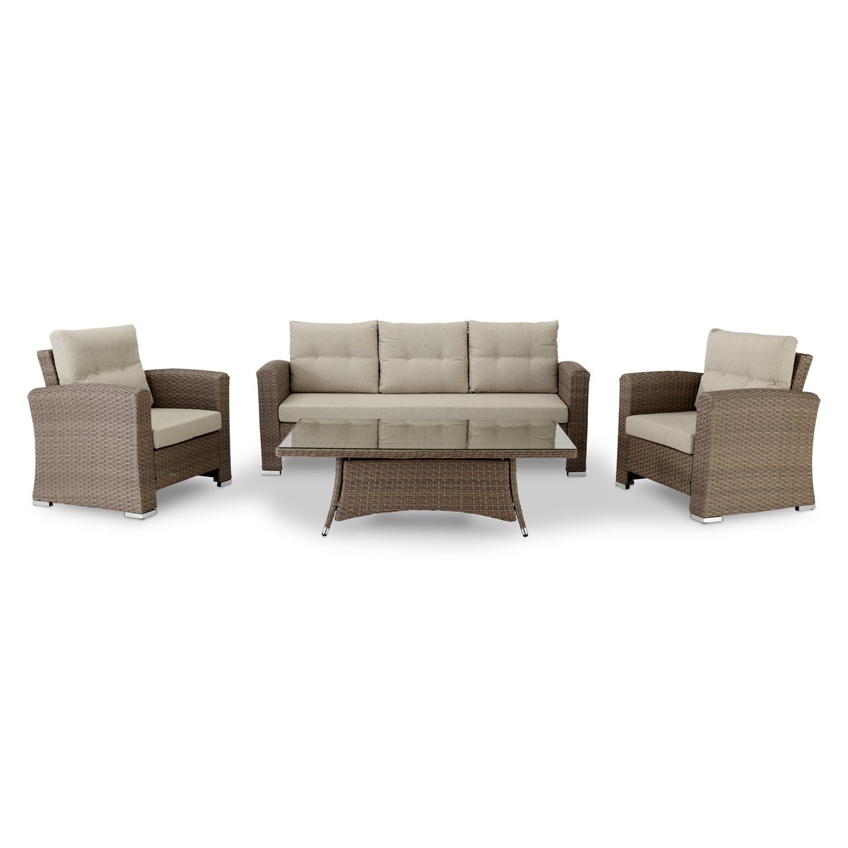 Salon de jardin 5 places, rotin, BOLONIA marron/beige, coussin beige, DEFORA HOME