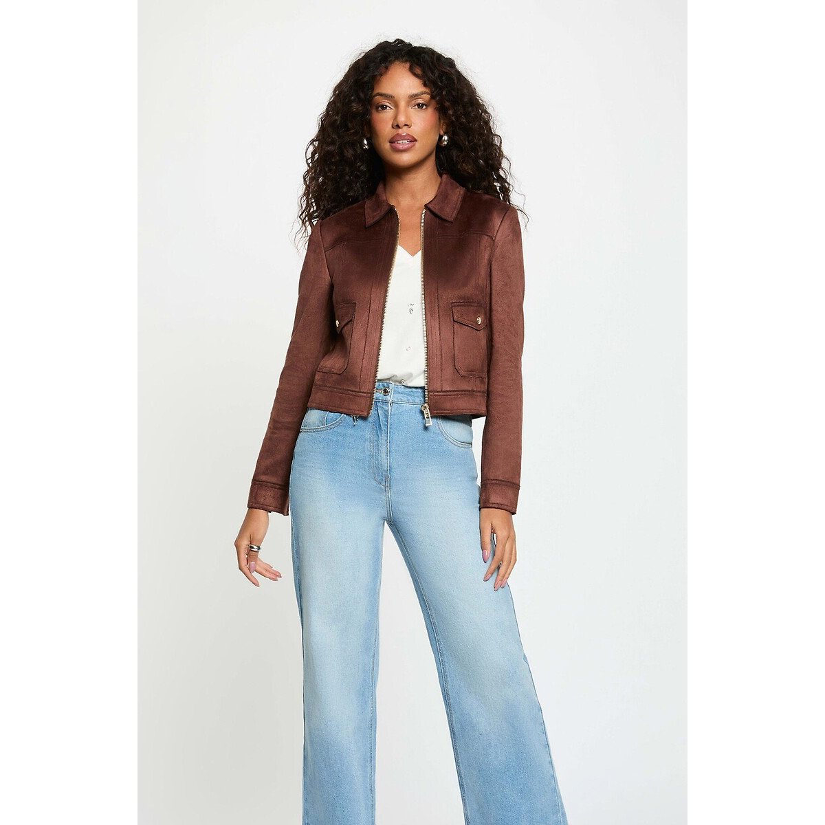 Blouson court en suédine marron foncé, MORGAN