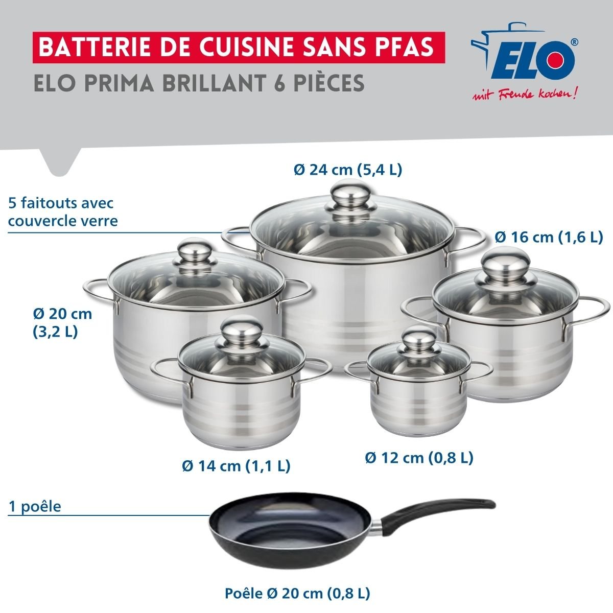 1 poêle 20cm + 5 faitouts 12/14/16/20/24cm PRIMA BRILLANT noir, ELO