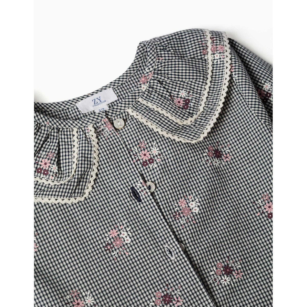 Chemise en coton à motif Vichy avec imprimé floral bleu foncé, ZIPPY