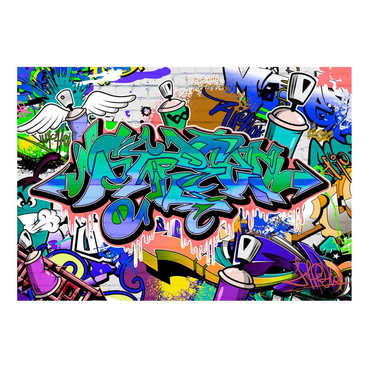 Papier peint intissé panoramique Street art Graffiti: motif bleu multicouleur, EDEN