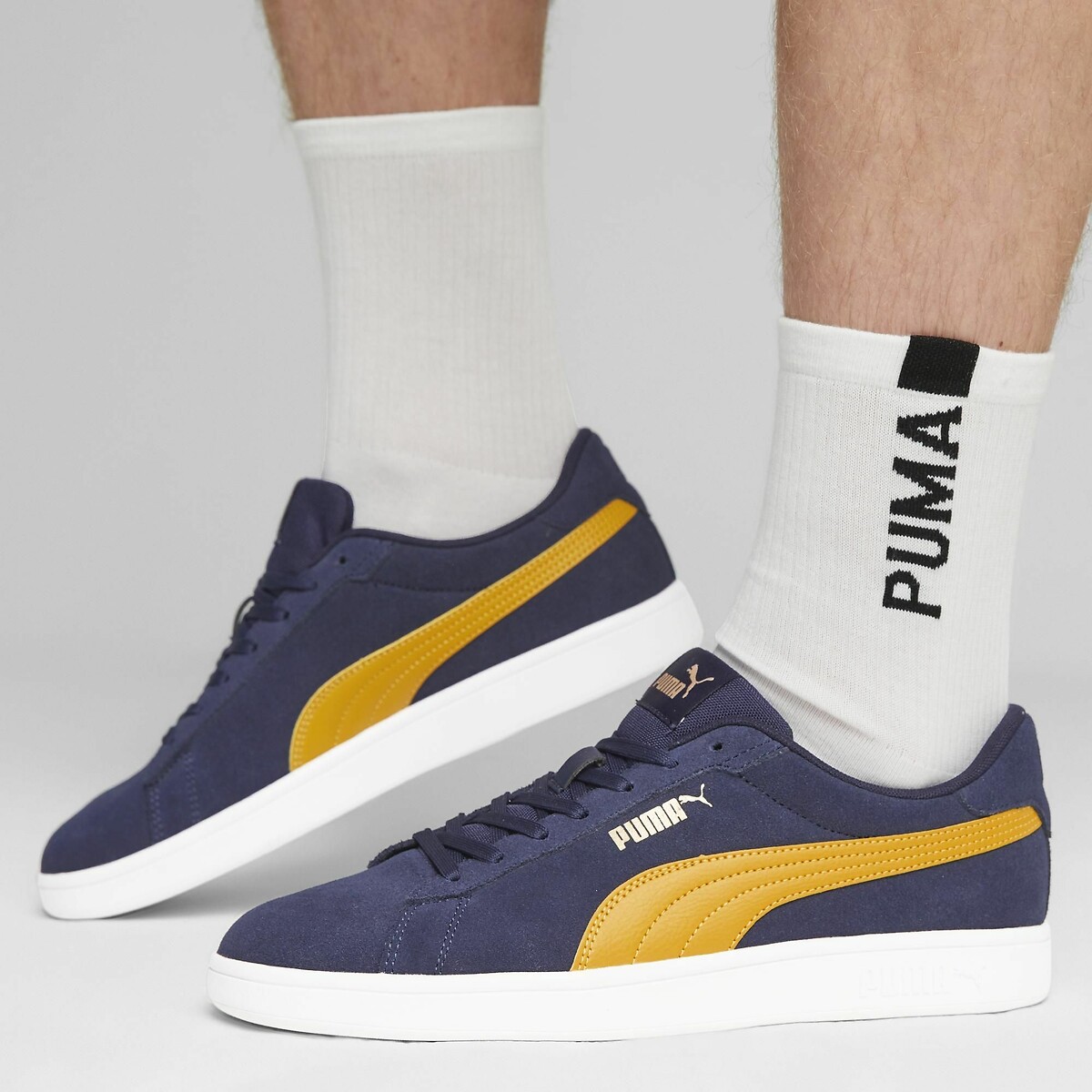 Baskets cuir Smash 3.0 bleu marine/jaune, PUMA