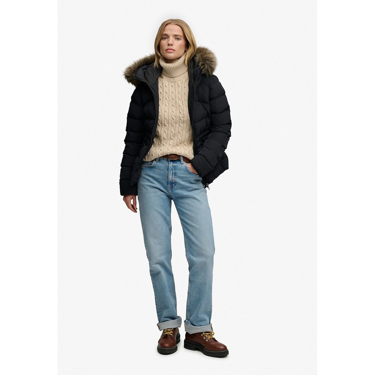 Chaqueta acolchada con capucha de pelo Fuji negro, SUPERDRY