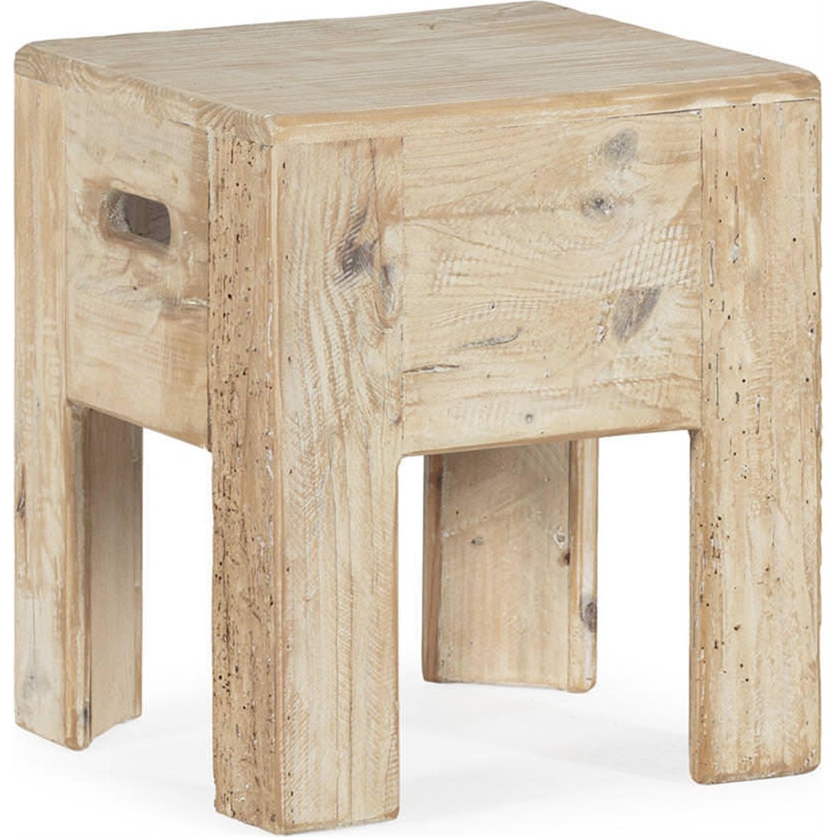 Tabouret carré en pin recyclé blanc vieilli, RECOLLECTION