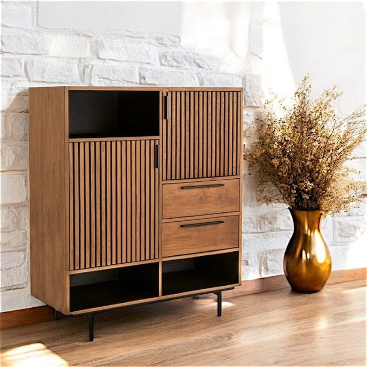 Buffet haut design teck recyclé intérieur noir FANO bois naturel, PIER IMPORT