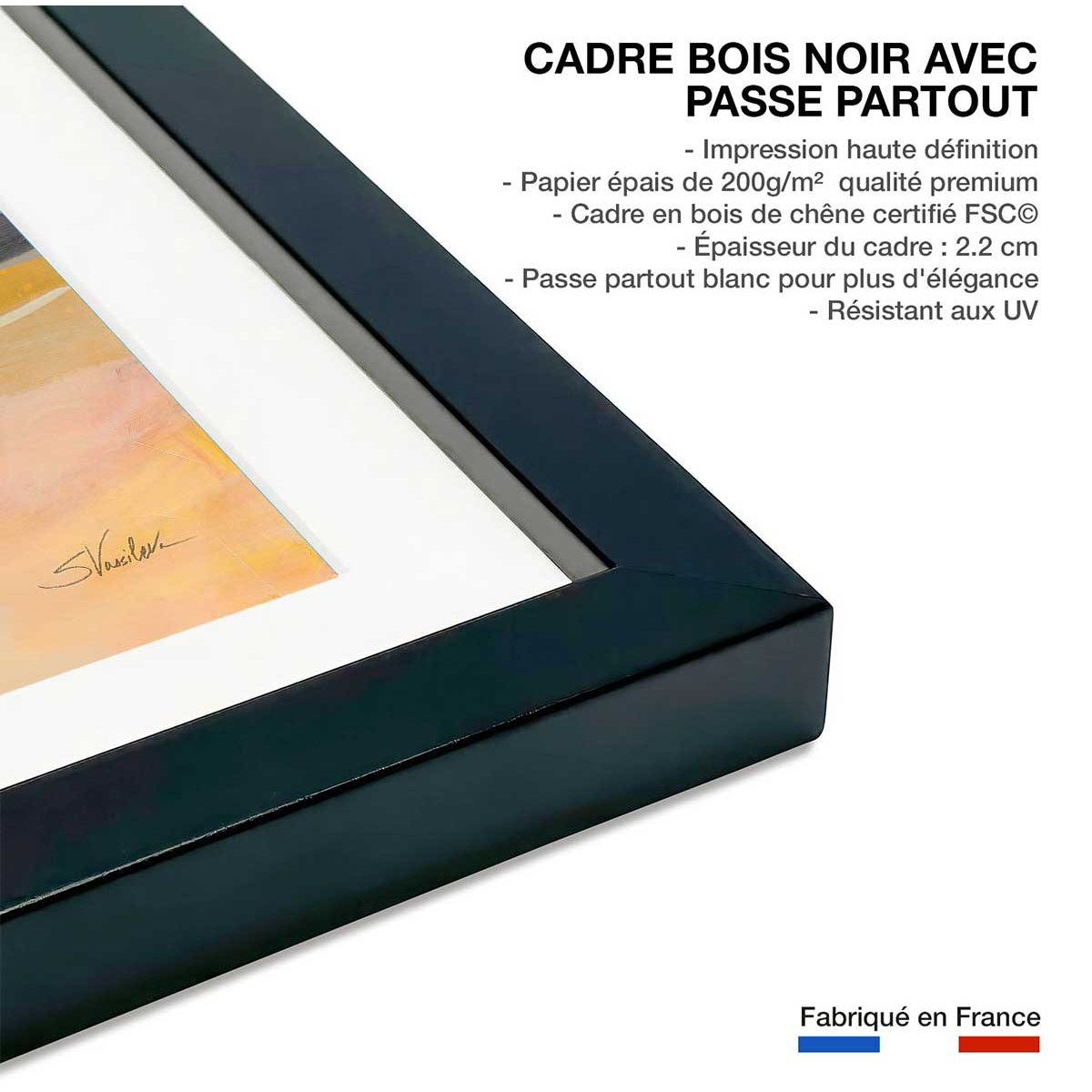 Affiche deco Soleil joyeux affiche + cadre en bois - noir, HEXOA