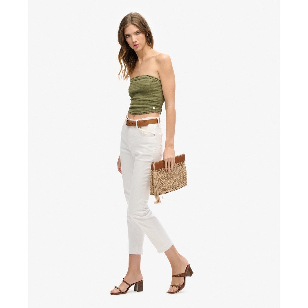 Haut bandeau smocké kaki délavé, SUPERDRY