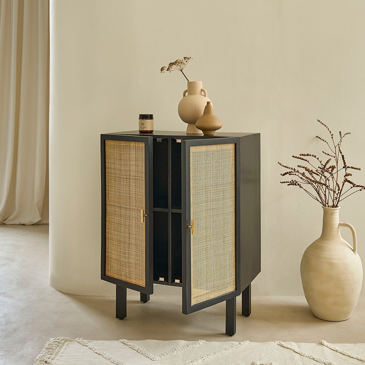 Buffet en bois massif et cannage 68 cm 2 portes  BLAISE noir, BERAH GETAH