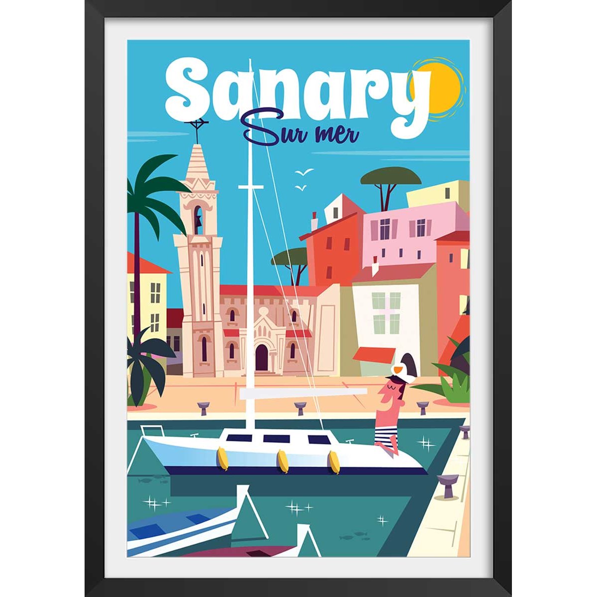 Affiche vacances à Sanary affiche + cadre en bois - noir, HEXOA