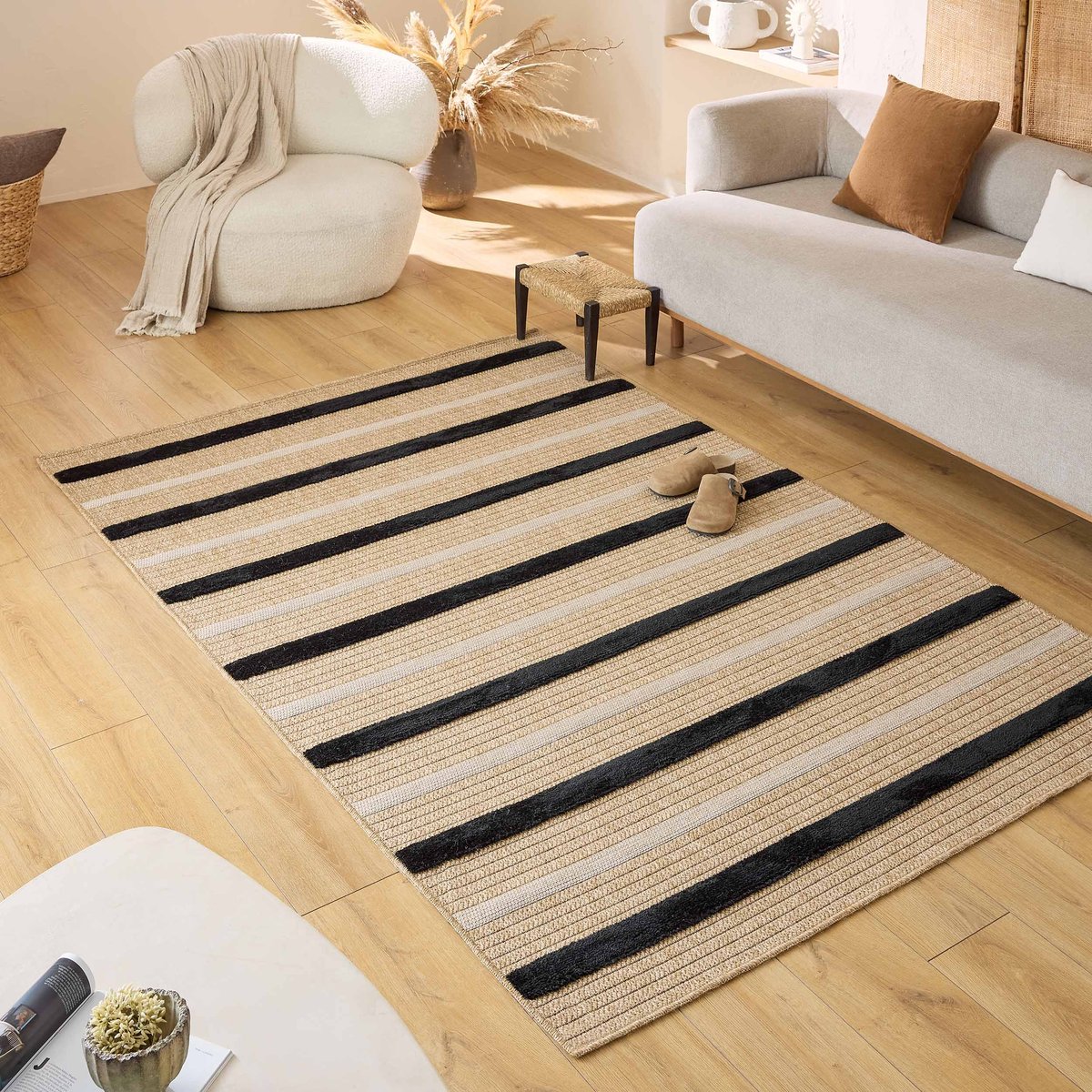 Tapis interieur jute à rayures PALMA beige et noir, NAZAR RUGS