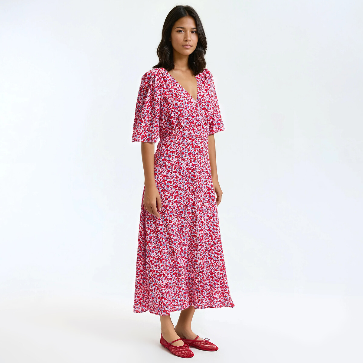 Robe évasée, imprimé floral, longue, manches courtes imprimé fleuri rose, LA REDOUTE COLLECTIONS