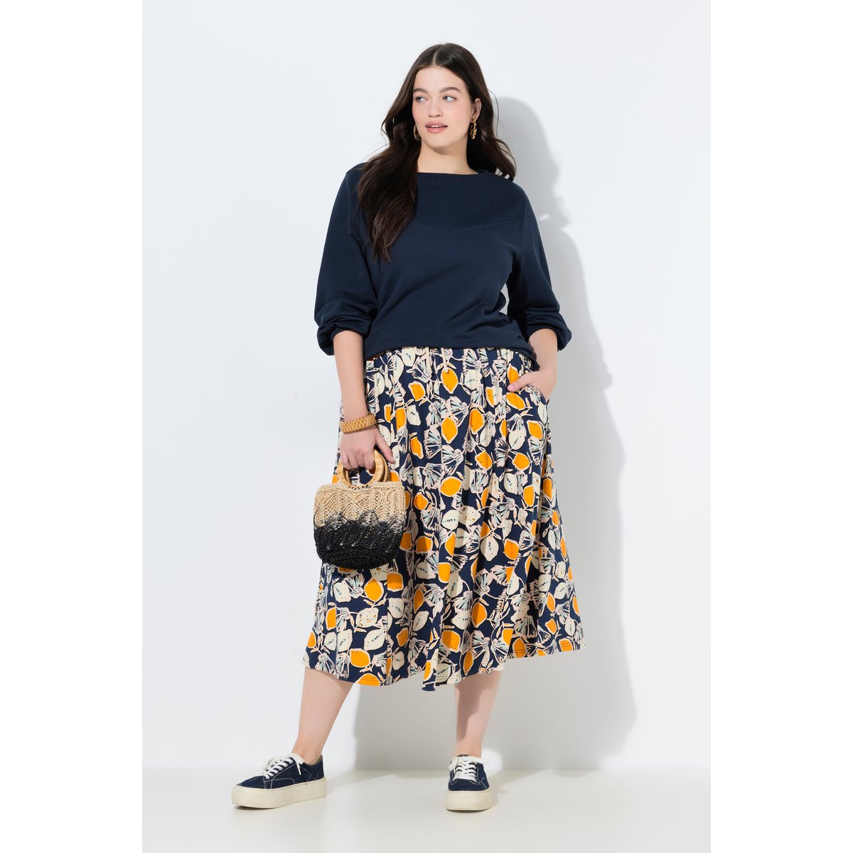 Jupe midi en coton bio motif citrons marine, ULLA POPKEN