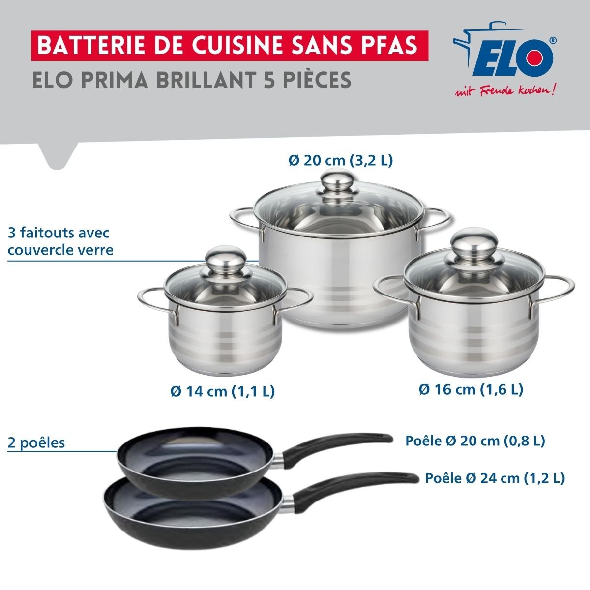 Batterie 2 poêles 20/24cm + 3 faitouts 14/16/20cm PRIMA BRILLANT noir, ELO