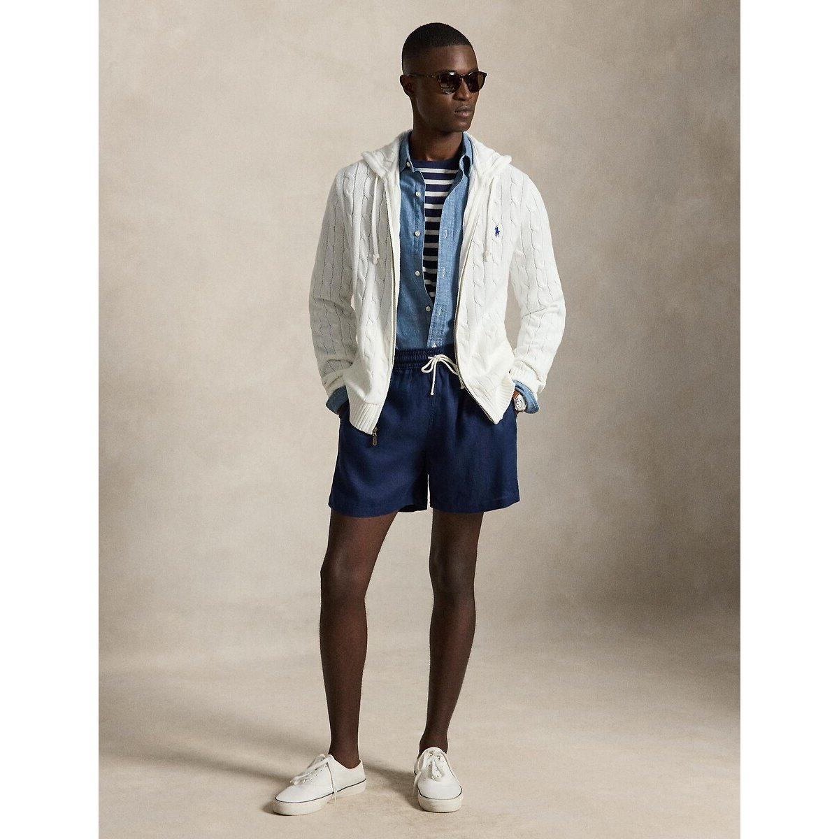 Pull con cappuccio e zip in maglia a treccia bianco, POLO RALPH LAUREN
