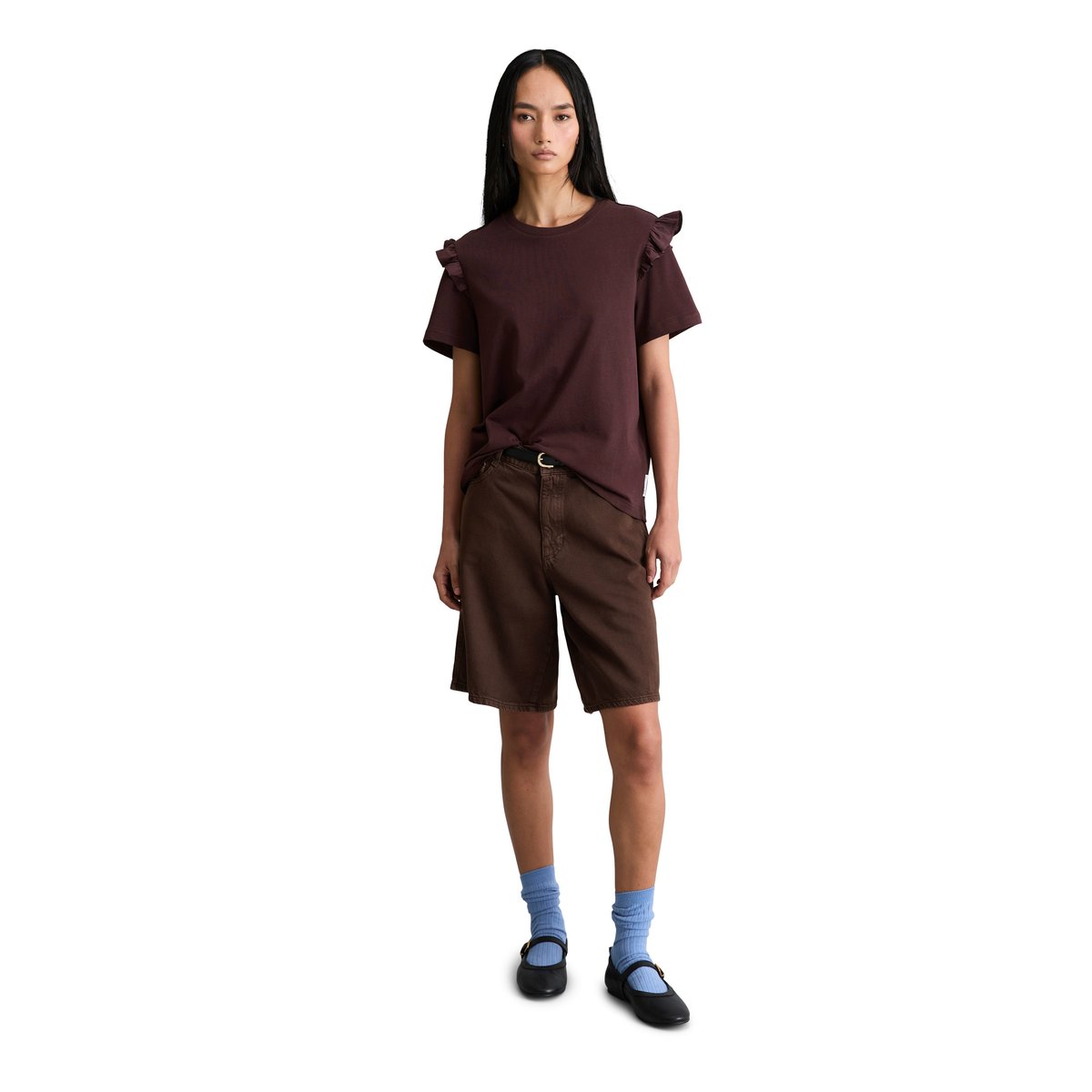 T-shirt regular avec ruches popline sur les bras rouge foncé, MARC O’POLO DENIM