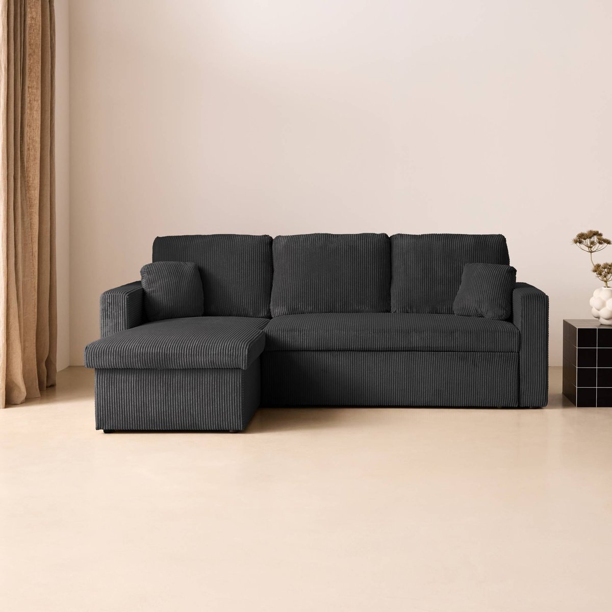 Canapé d'angle convertible réversible 3 places velours côtelé grosse côte avec coffre IDA gris foncé, SWEEEK