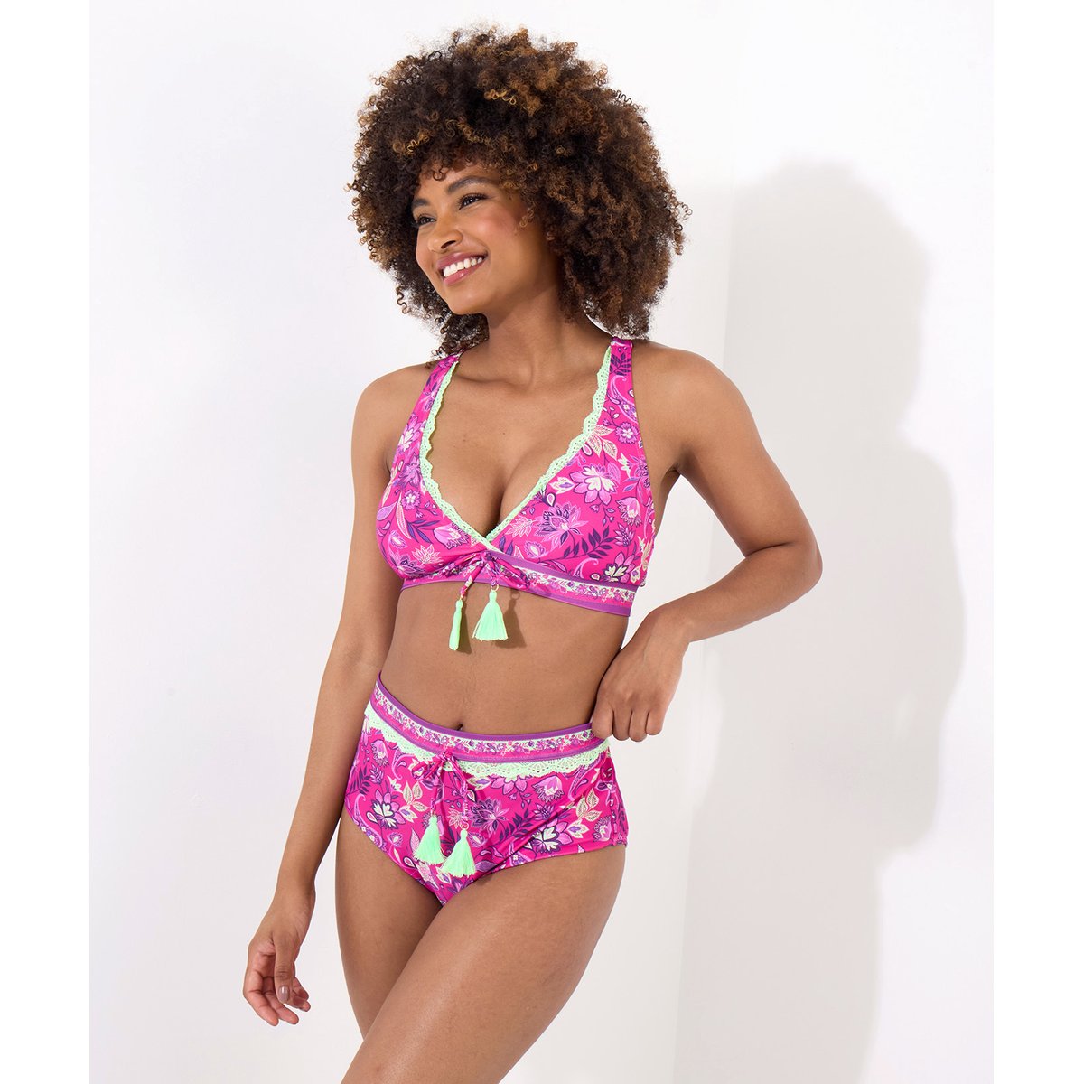 Slip De Bain Froncé À Bordures En Dentelle Néon Tropical BORA BORA rose multicolore, JOE BROWNS