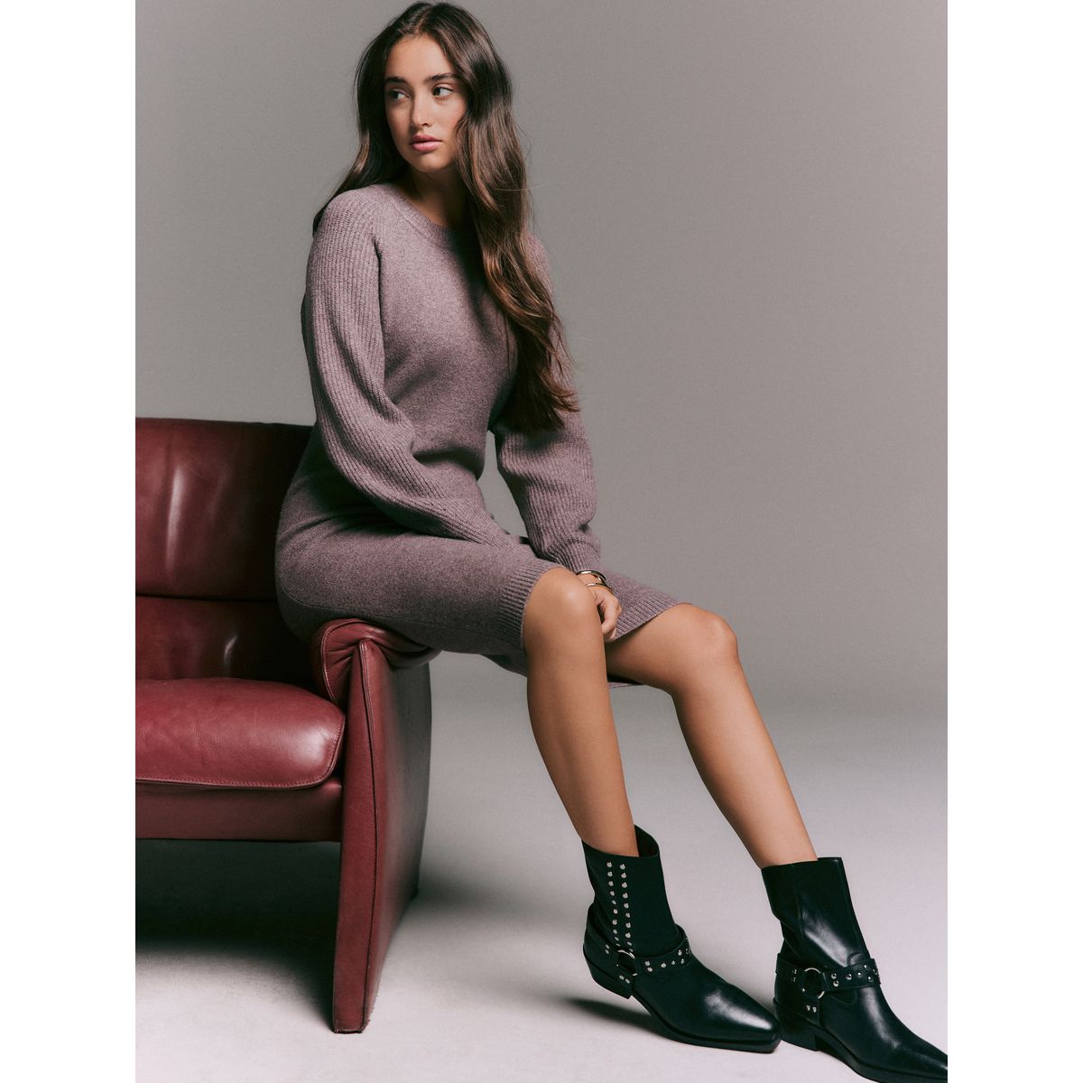 Robe mi-longue en maille côtelée ultra-douce taupe, NEXT