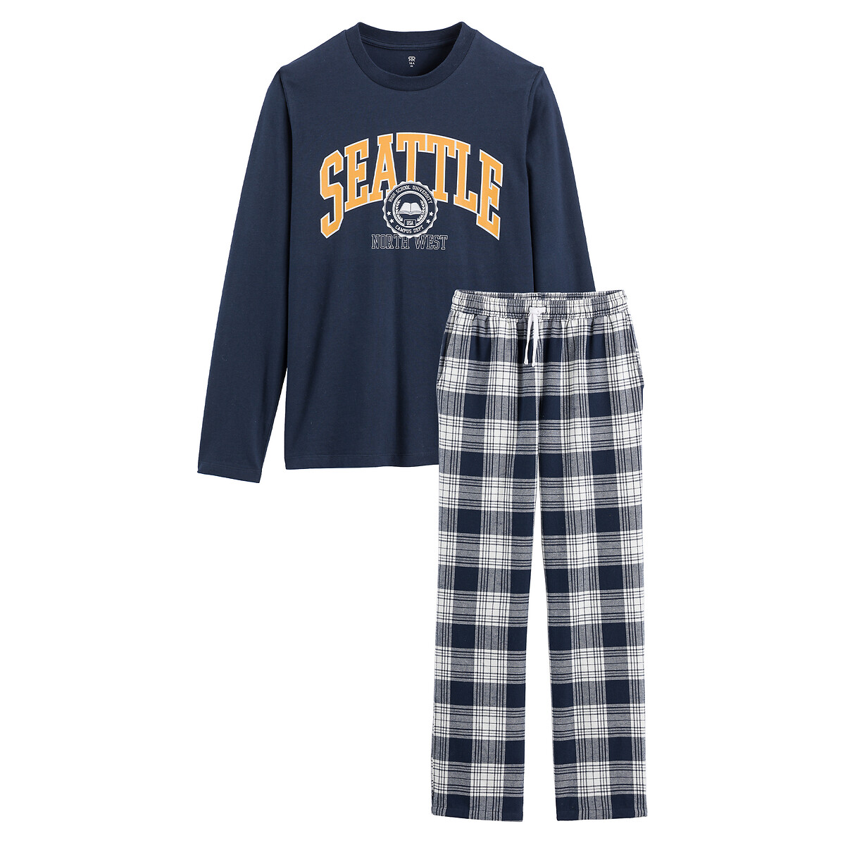 Pyjama, texte Seattle et bas à carreaux bleu marine, LA REDOUTE COLLECTIONS