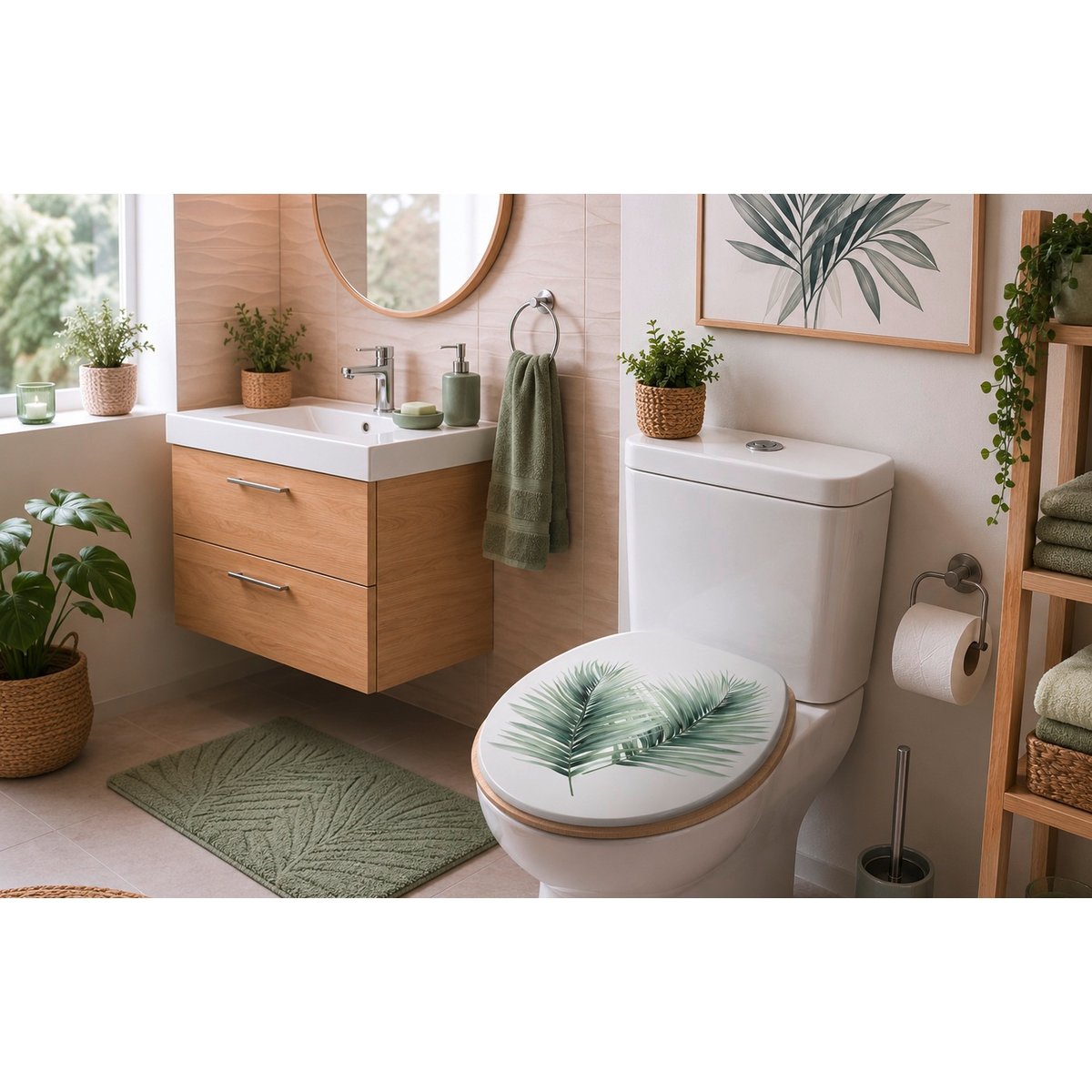 Abattant WC 37 x 46 cm charnieres metal Feuillage tropical vert vert, EDEN
