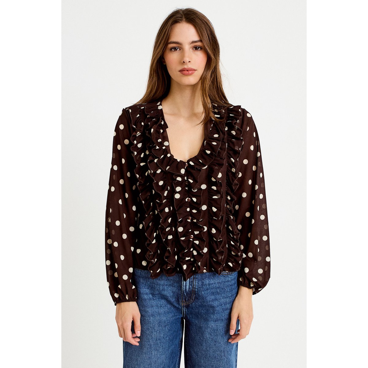 Blouse droite col v manches longues marron, CACHE CACHE