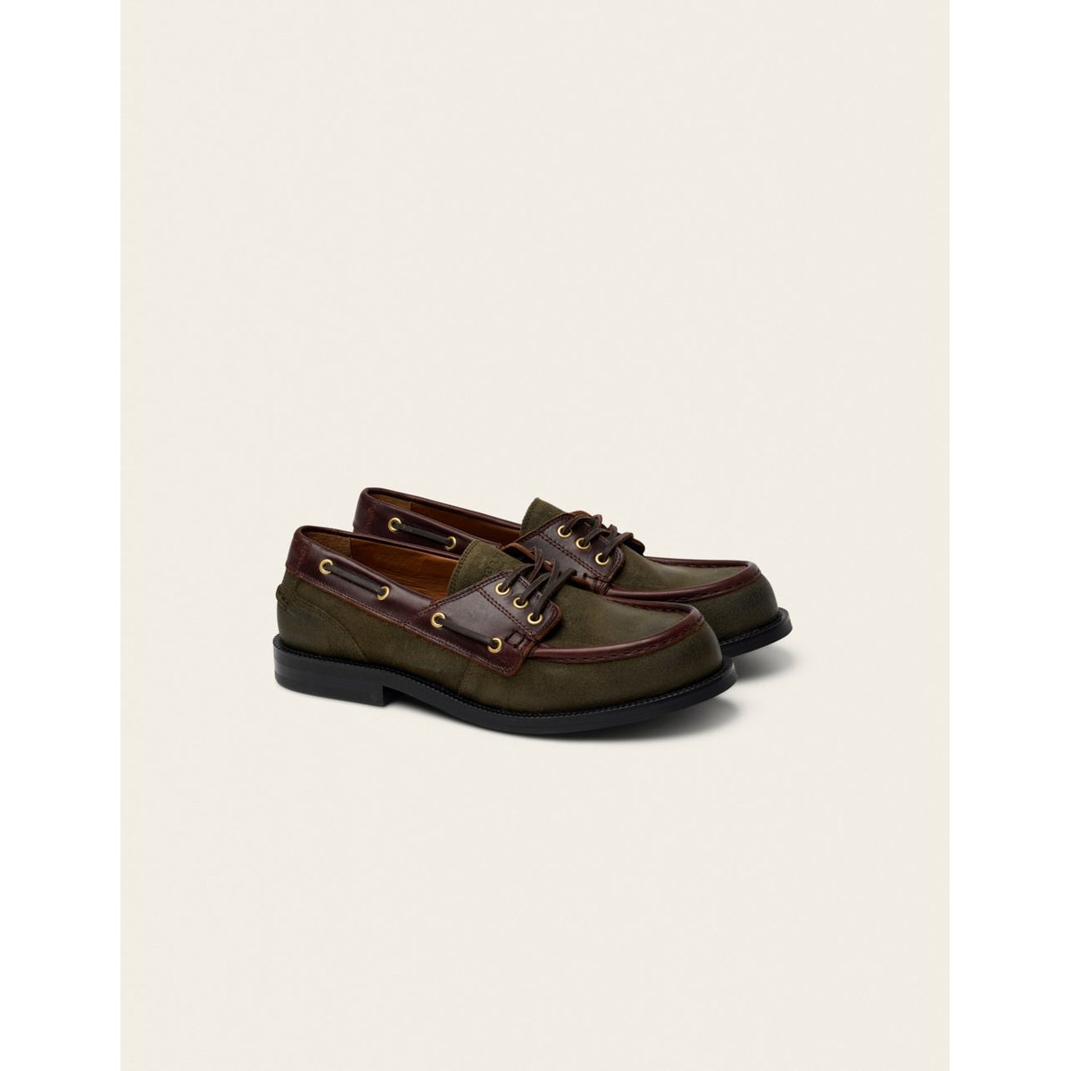 Chaussures Bateau KINTO suède huilé kaki et marron, ODAJE