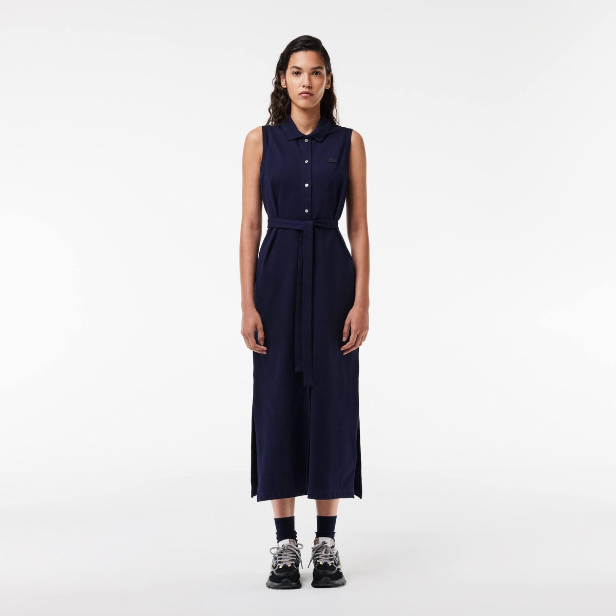 Robe polo longue en mini Piqué stretch bleu-166, LACOSTE
