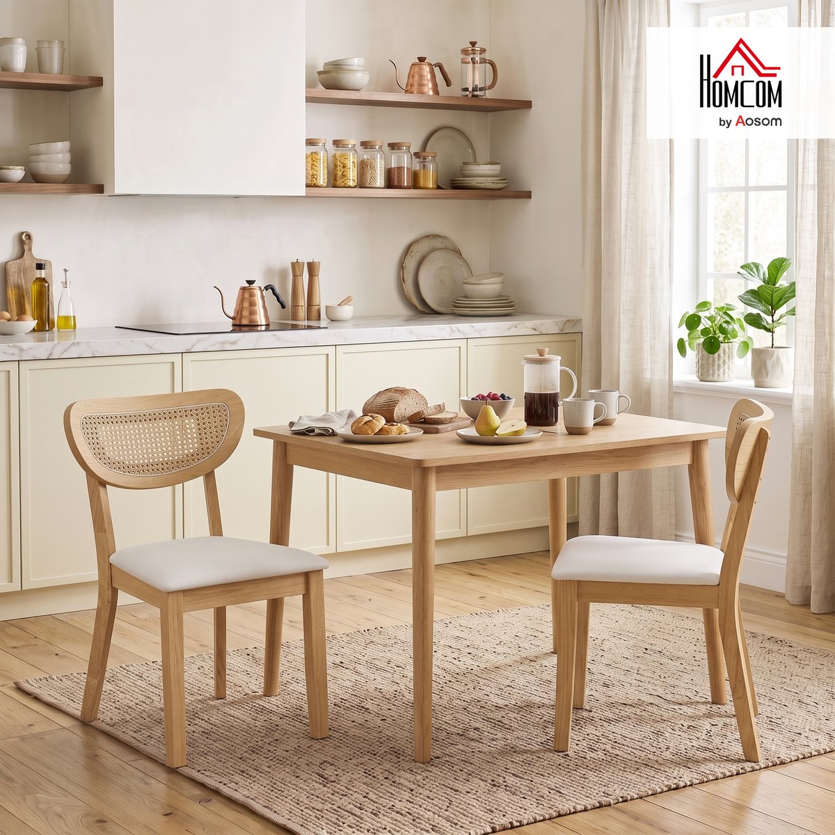 Chaise de salle à manger Tissu aspect lin beige, chêne naturel, HOMCOM