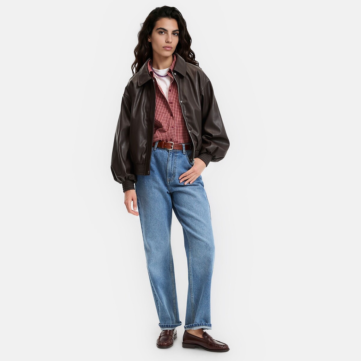 Faux Leather Short Zip-Up Mid-Season Jacket chocolate brown, LA REDOUTE COLLECTIONS