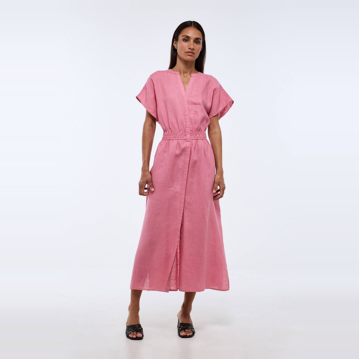 Robe midi unie en lin azalee, MONOPRIX