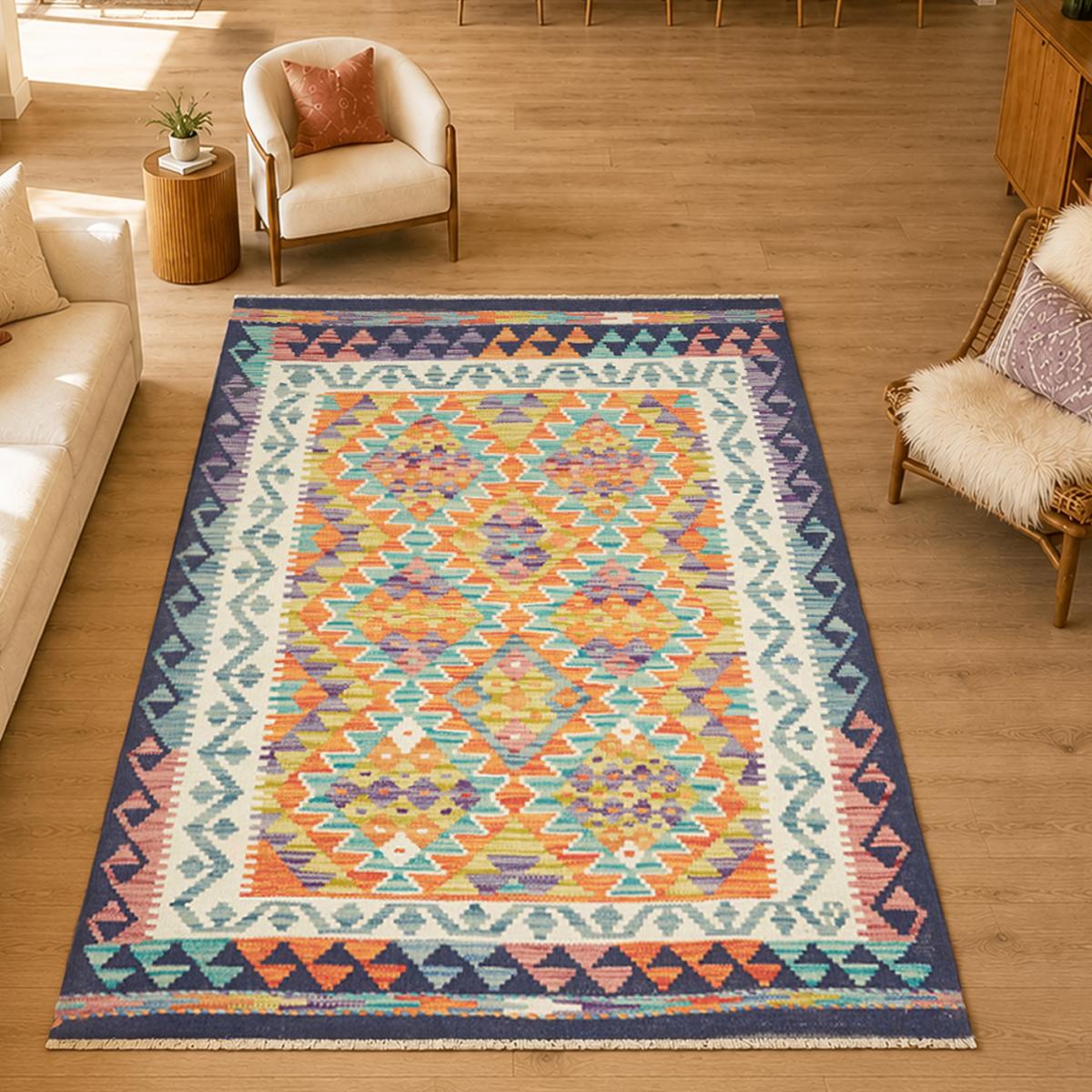 Tapis d'orient à motif géométrique, tissage plat authentique multicolore, bleu, orange, UN AMOUR DE TAPIS