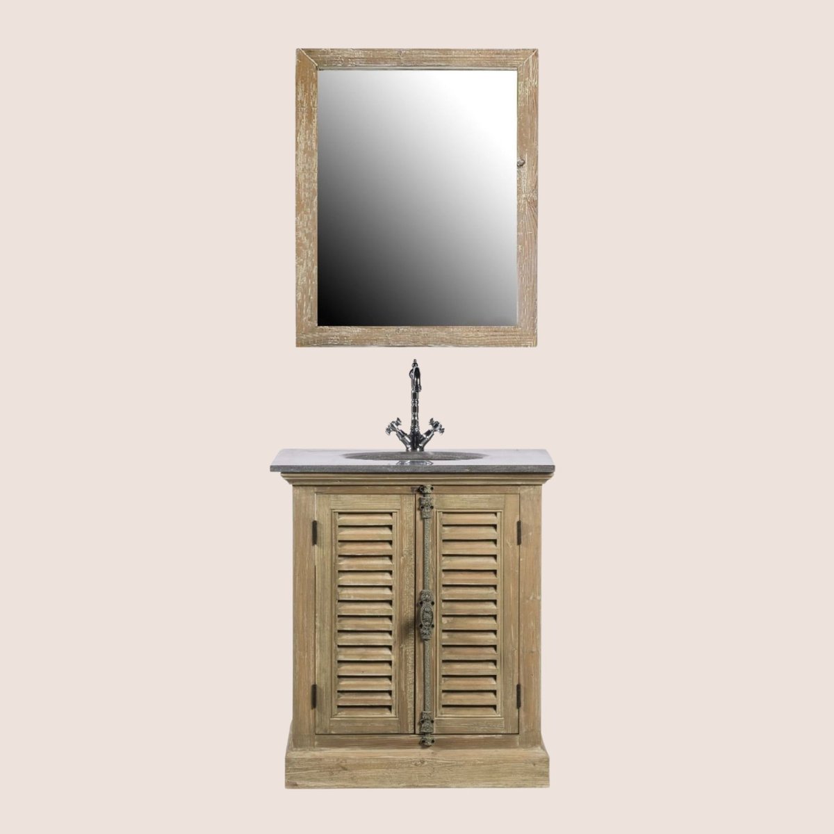 Meuble simple vasque en bois plan en pierre et miroir (ensemble) - HANOÏ bois foncé, HELLIN, DEPUIS 1862