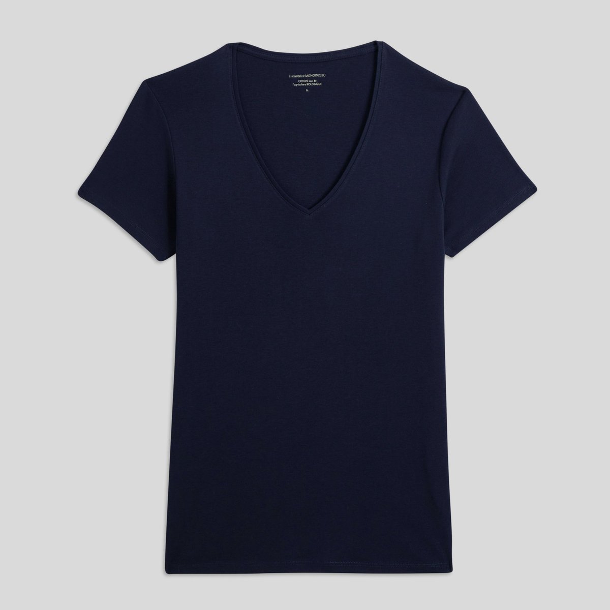 T-shirt col V uni en coton BIO marine, MONOPRIX