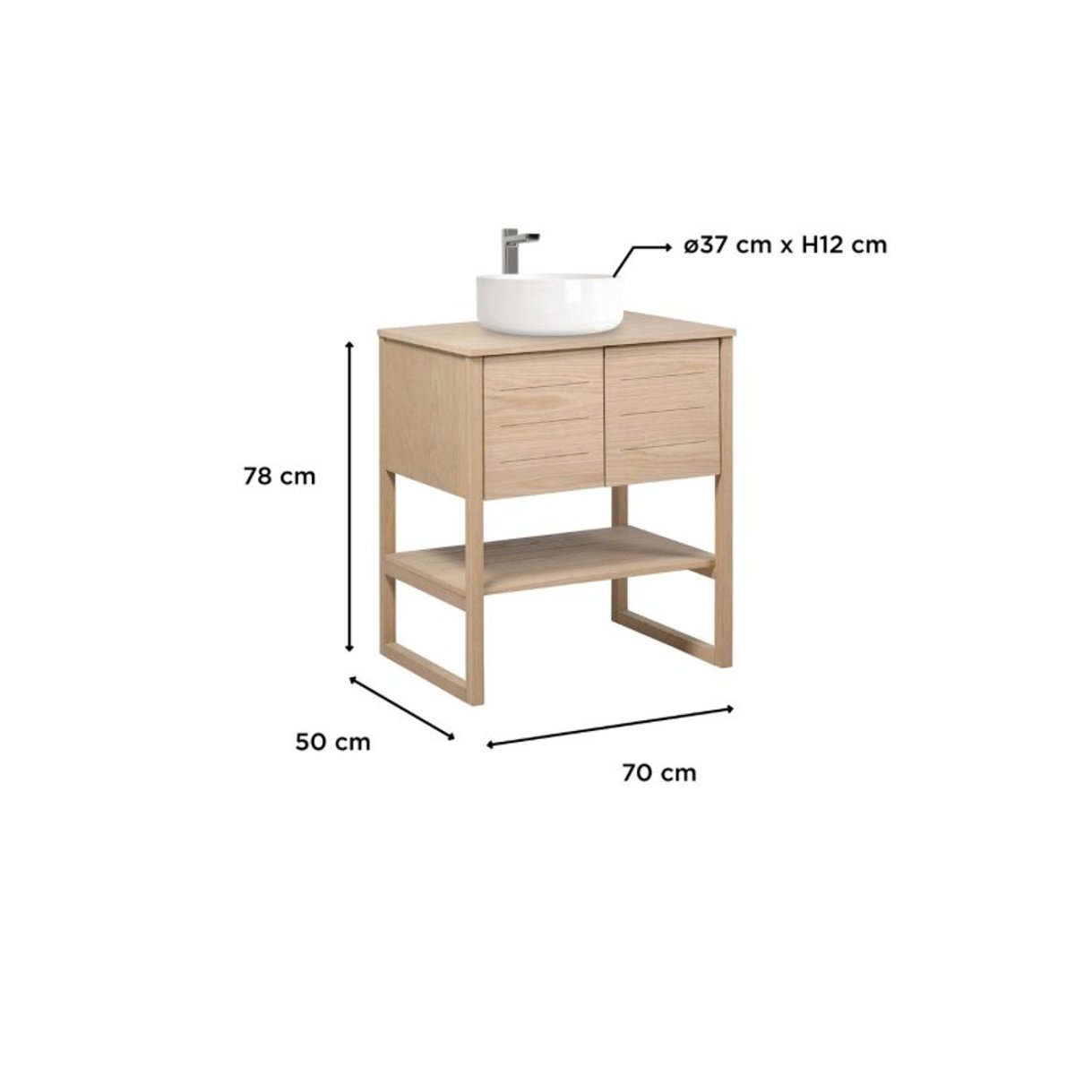 Meuble 70cm chêne vasque ronde blanche et robinet chromé ATOLL couleur unique, MOB IN