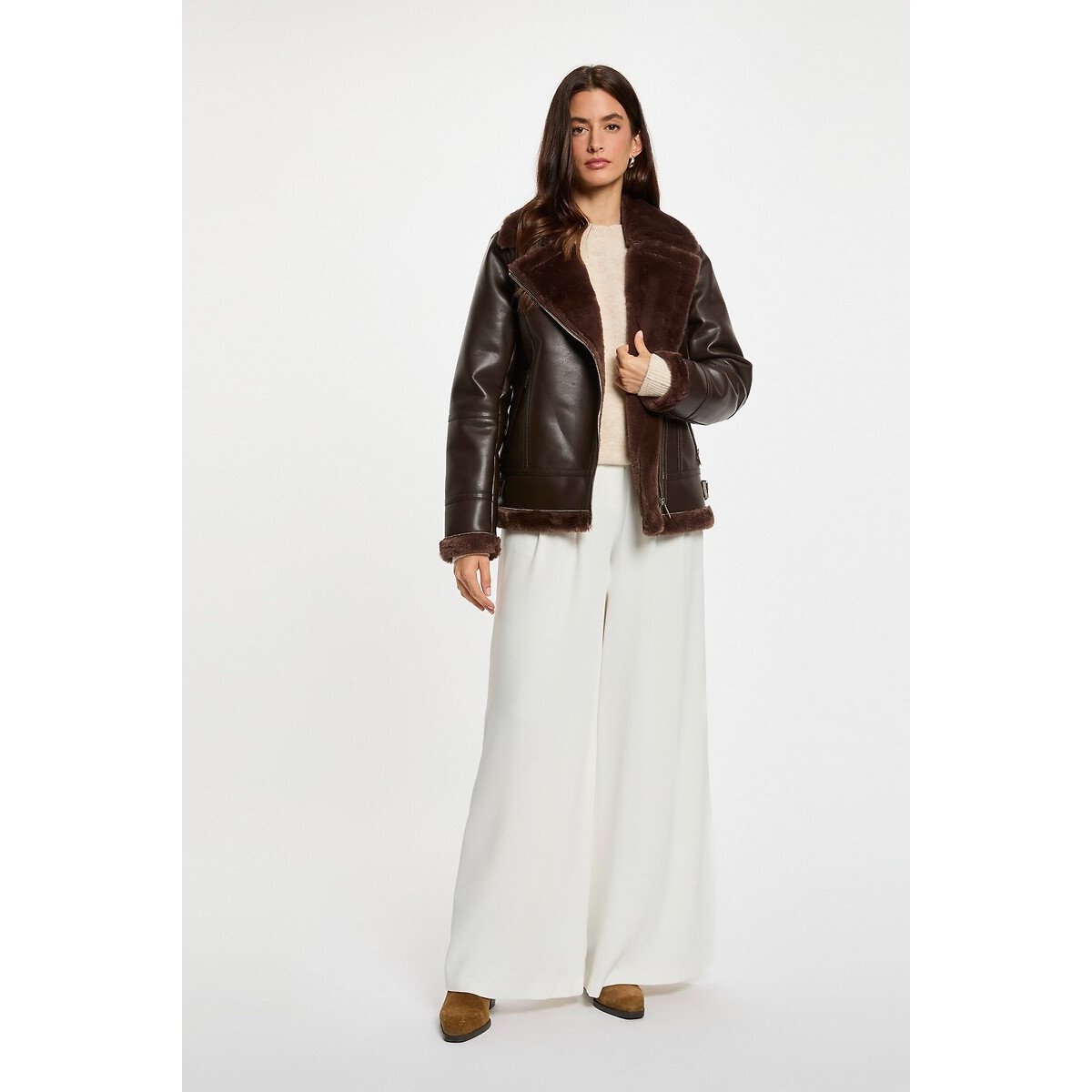 Blouson oversize similicuir café, MORGAN