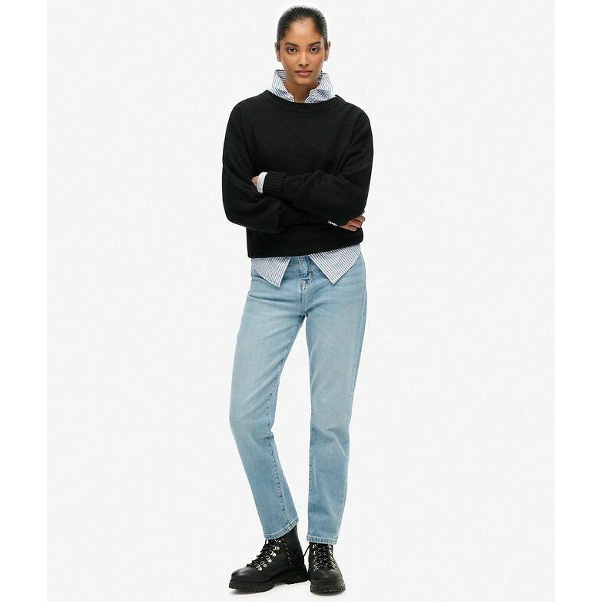 Pull col rond ample noir, SUPERDRY