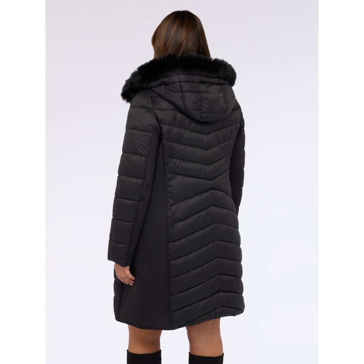 Veste matelassée longue avec capuche et surpiqûres noir, FIORELLA RUBINO