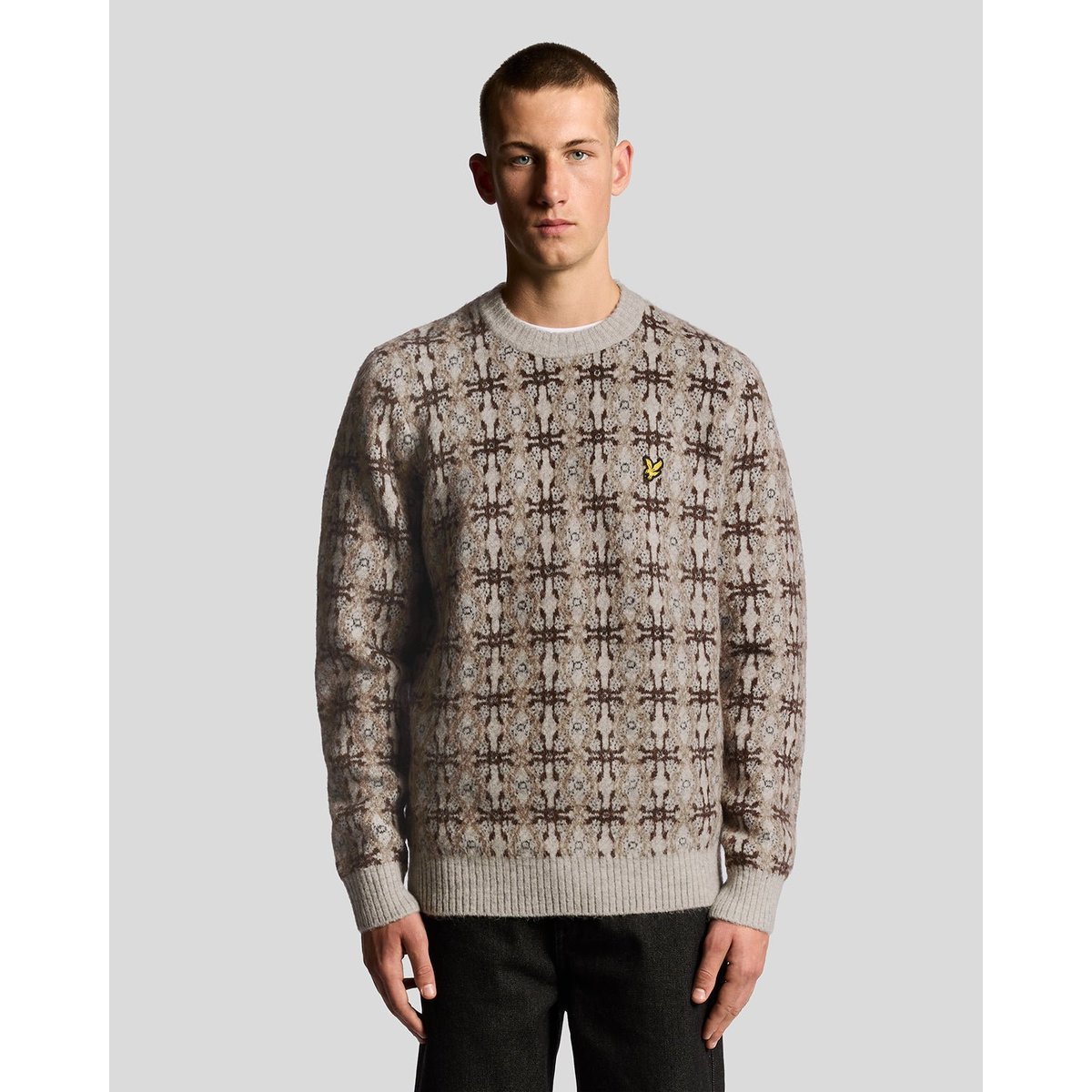 Pull brossé intarsia en maille gris clair chiné, LYLE & SCOTT
