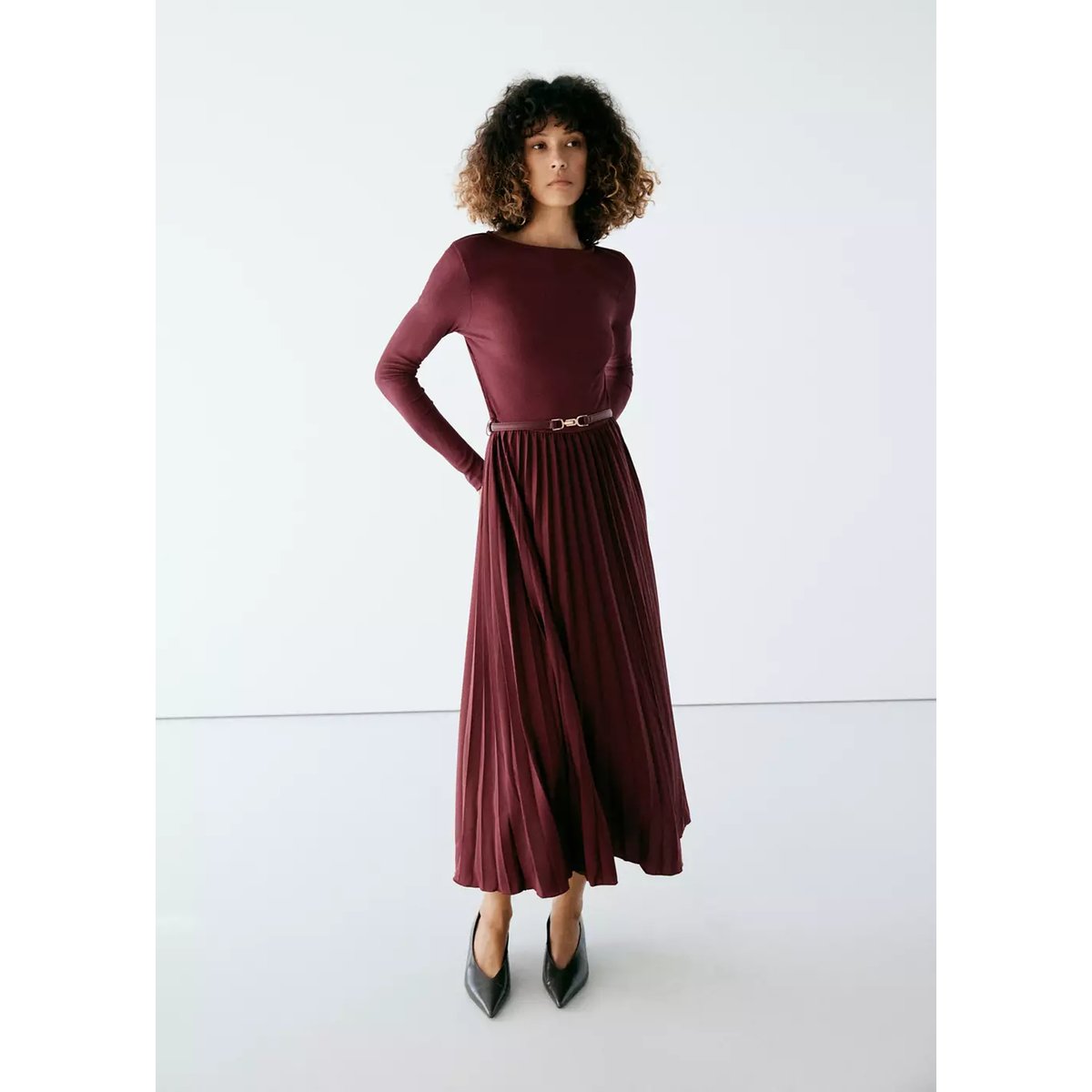 Robe combinée plissée grenat, MANGO