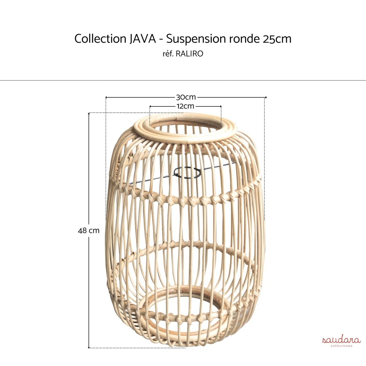 Suspension ronde 30CM - JAVA rotin blanchi, SAUDARA COLLECTIONS