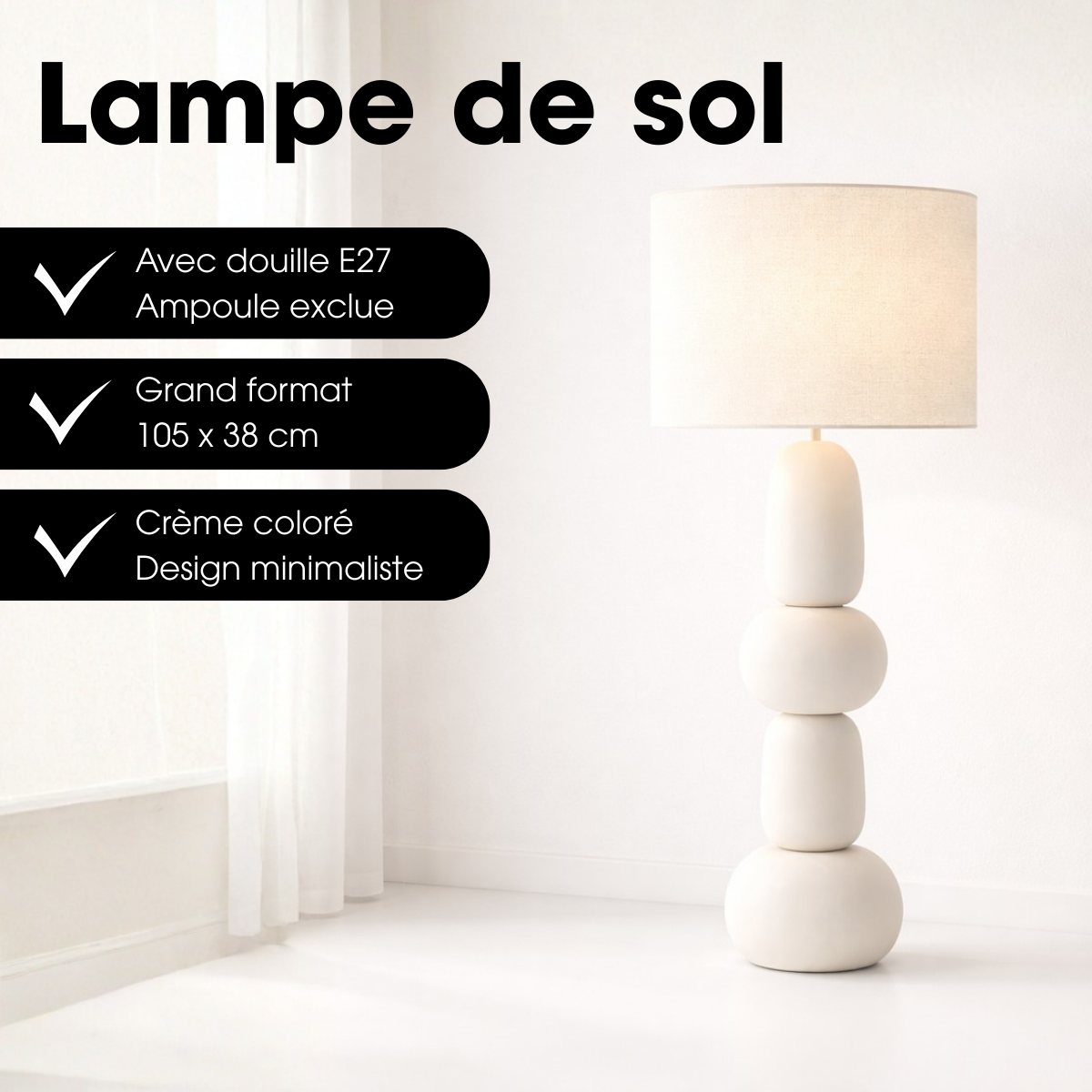 Lampadaire MENKO crème, MICA DECORATIONS