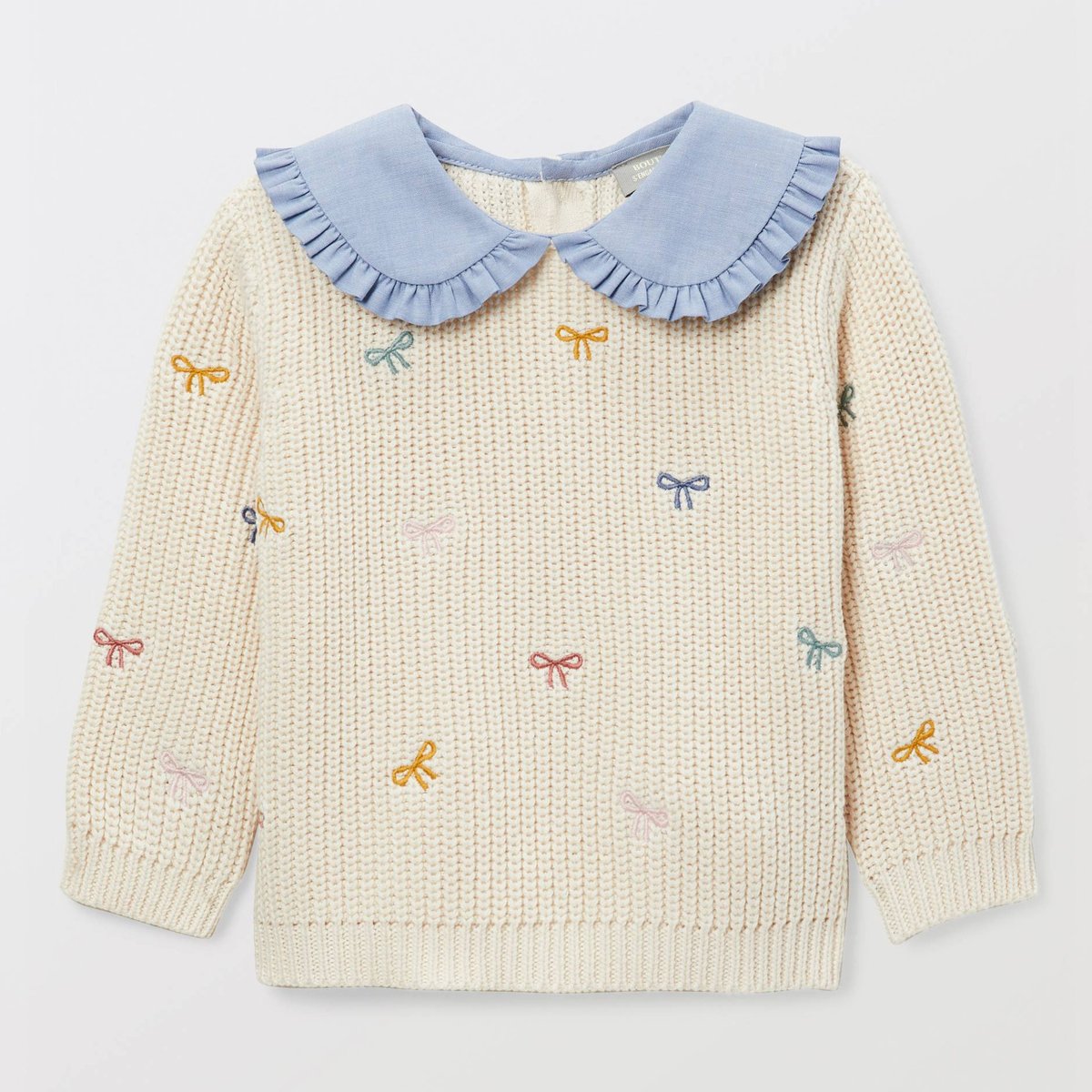 Pull brodé à col chambray en coton naturel, BOUT'CHOU