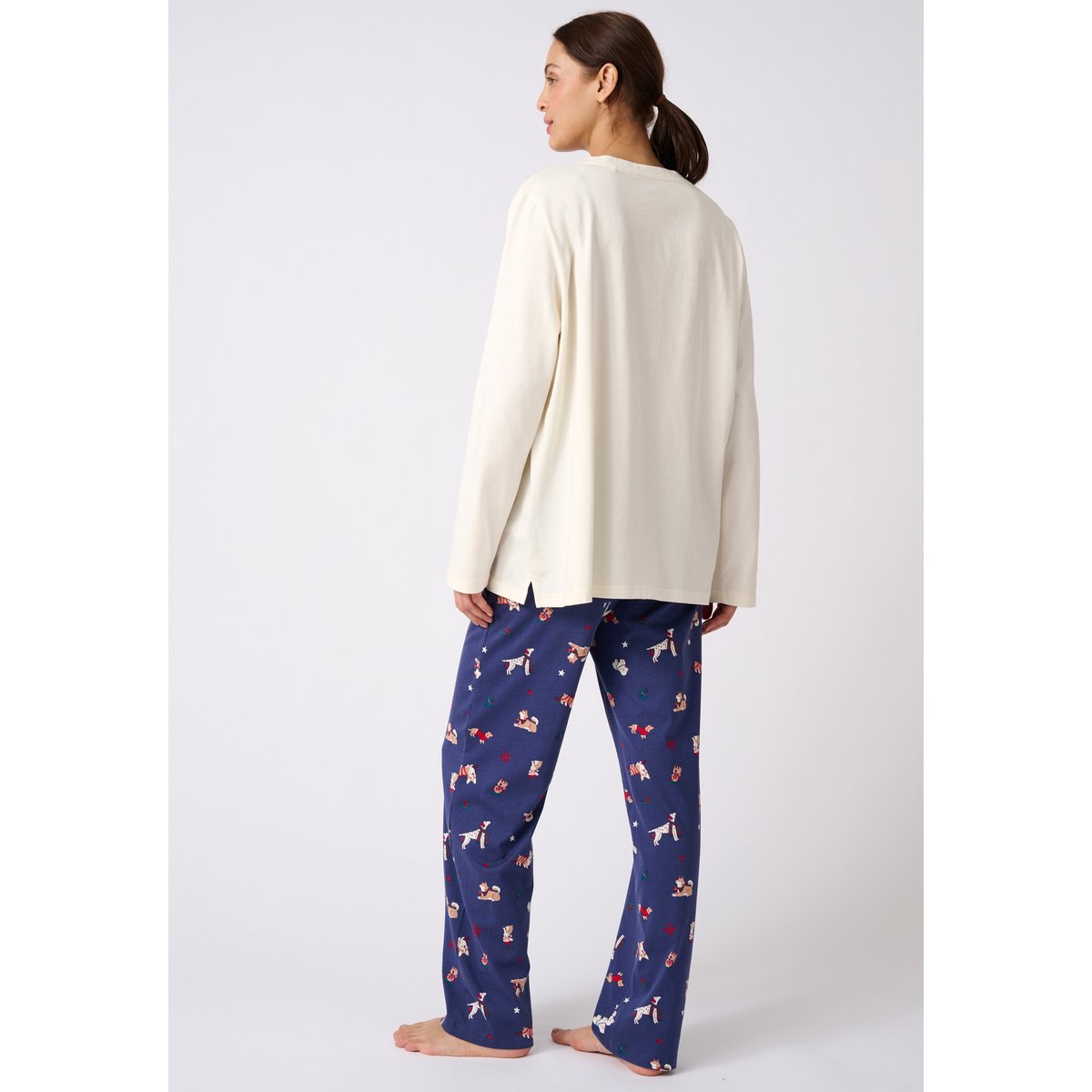 Pyjama de Noël en maille jersey pur coton peigné bleu marine imp., DAMART