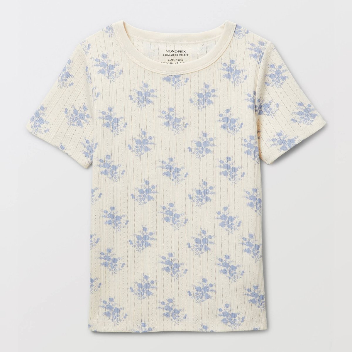 T-shirt en pointelle à imprimé fleuri butter cream, MONOPRIX