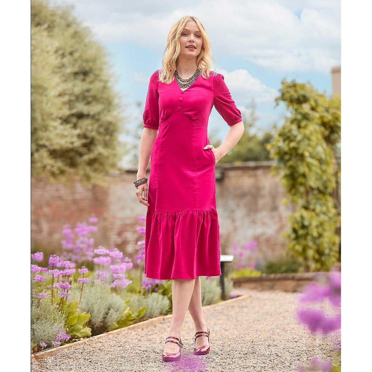 Corduroy Puff Sleeve Dress pink, JOE BROWNS
