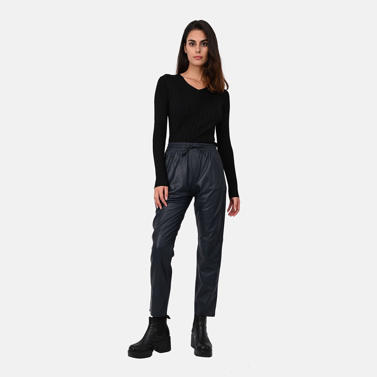 Pantalon en cuir à taille élastiquée GIFT bleu marine, OAKWOOD