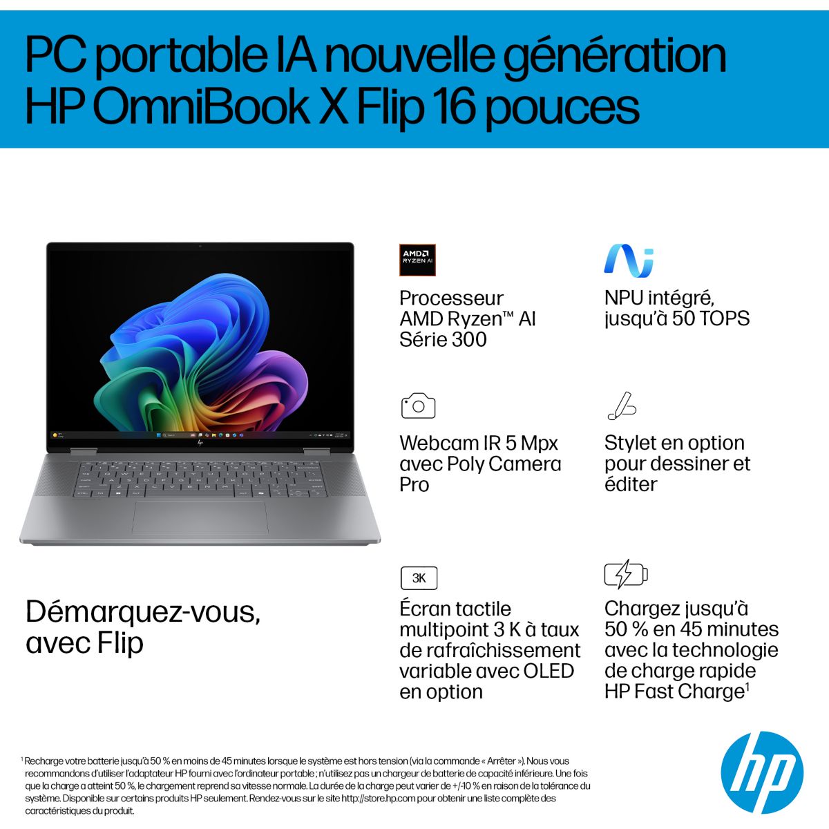 Ordinateur portable OmniBook X Flip ar0003nf 16 pouces OLED AMD Ryzen AI 7 350 24 Go RAM LPDDR5x SSD 512 Go Copilot+PC couleur unique, HP